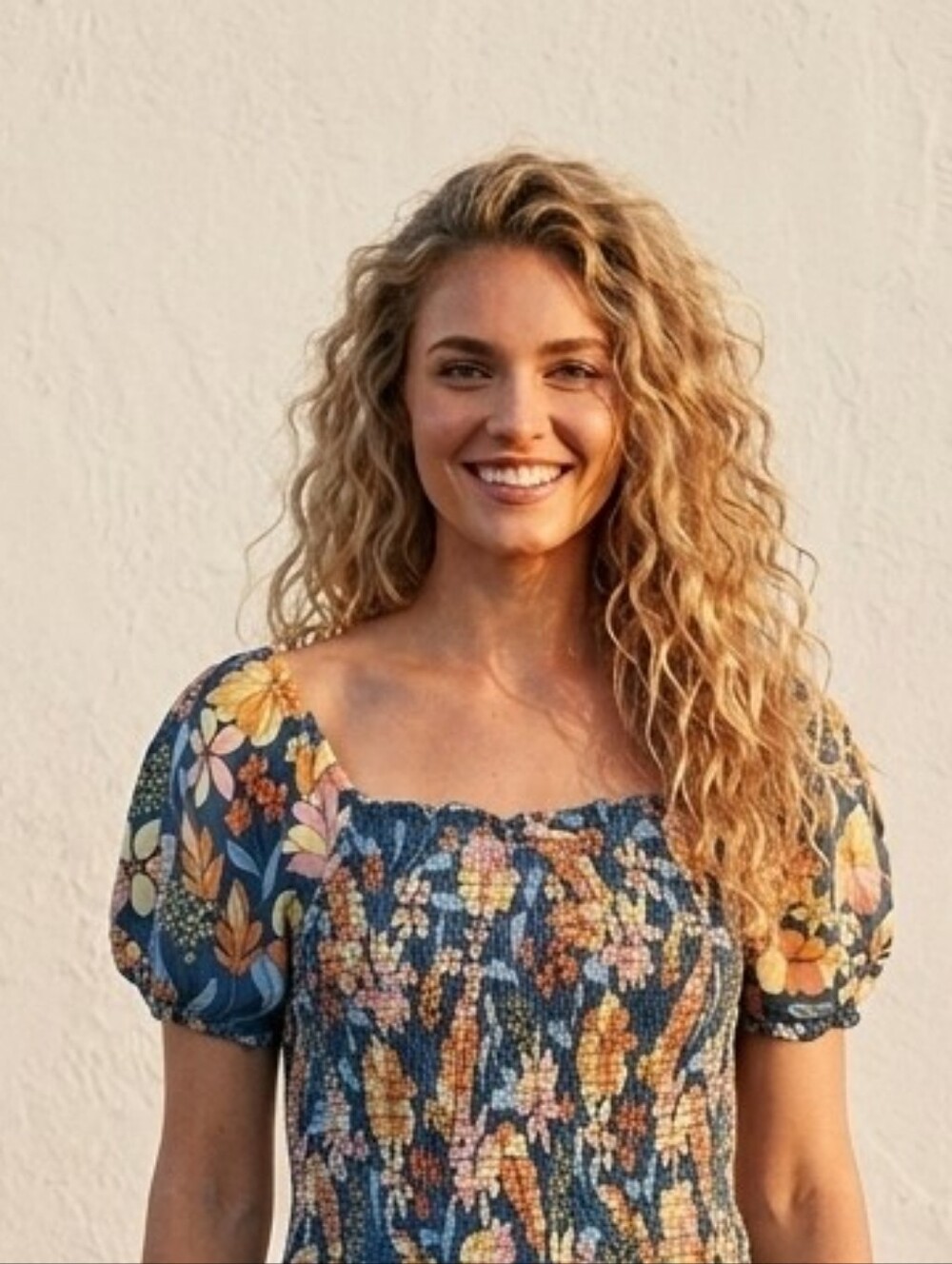 AERIE Puff sleeves smocked floral blue peasant blouse Medium K1